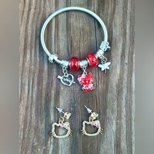 Hello Kitty Silver Tone Charm Bracelet & Gold Tone Fashion Earrings Bundle New